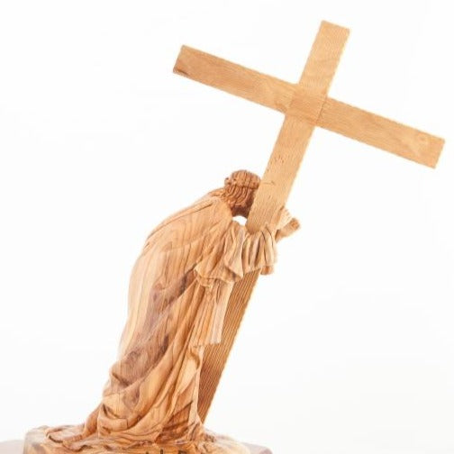 Hand Carved Olive Wood Jesus Holding the Cross Statue - Statuettes - Bethlehem Handicrafts