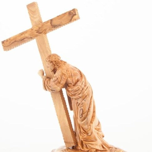 Hand Carved Olive Wood Jesus Holding the Cross Statue - Statuettes - Bethlehem Handicrafts