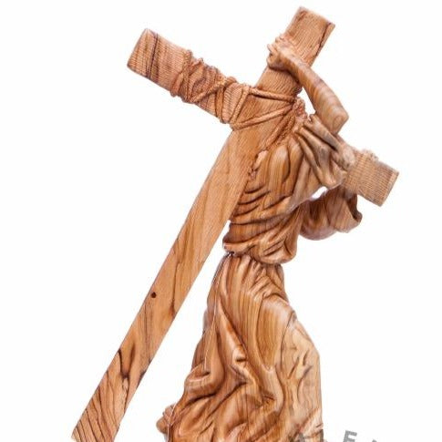 Hand Carved Wood Jesus Holding the Cross Statue - Statuettes - Bethlehem Handicrafts