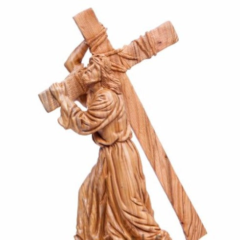 Hand Carved Wood Jesus Holding the Cross Statue - Statuettes - Bethlehem Handicrafts