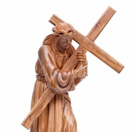 Hand Carved Wooden Statue of Jesus Holding the Cross - Statuettes - Bethlehem Handicrafts