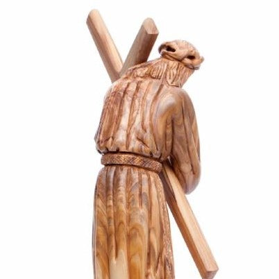 Hand Carved Wooden Statue of Jesus Holding the Cross - Statuettes - Bethlehem Handicrafts