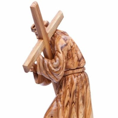 Hand Carved Wooden Statue of Jesus Holding the Cross - Statuettes - Bethlehem Handicrafts