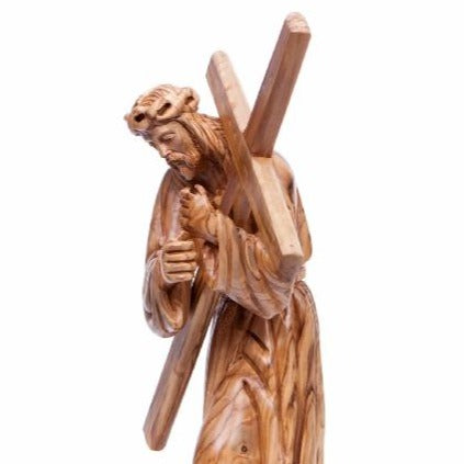 Hand Carved Wooden Statue of Jesus Holding the Cross - Statuettes - Bethlehem Handicrafts