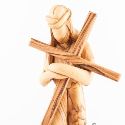 Wood Carved Jesus Holding the Cross Statue - Statuettes - Bethlehem Handicrafts