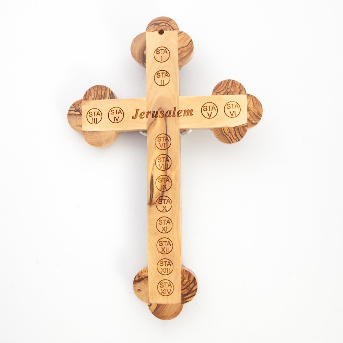 Olive Wood Crucifix with 14 Stations of the Cross Engraved Back Made Holy Land Christians Catholic Gift Home Jerusalem