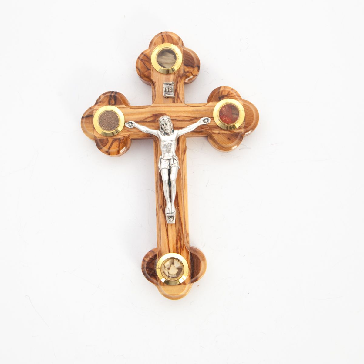 Budded Olive Wood Crucifix with 4 Essences in Glass from Holy Land Hand Made by Christians