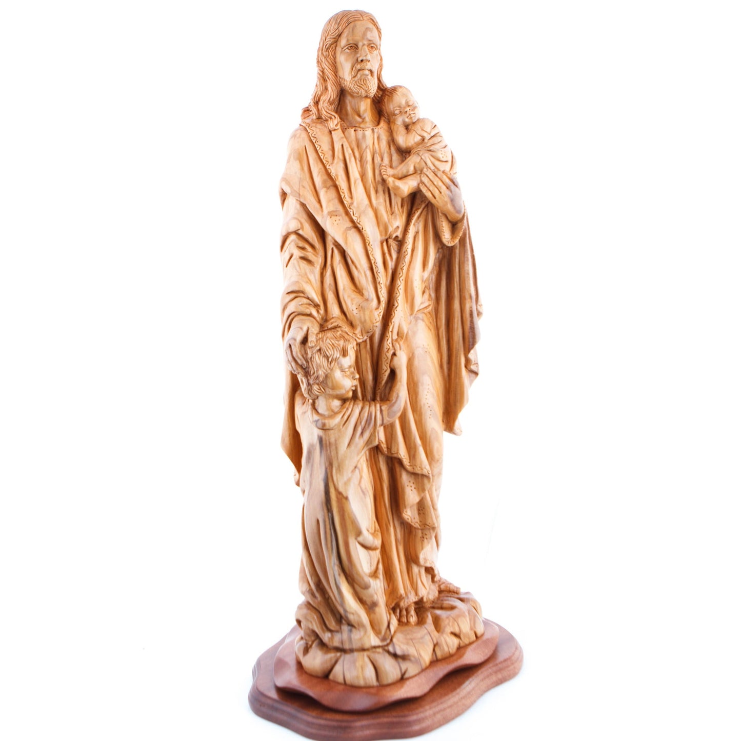 Jesus Christ "With The Children" Statue, 24" Olive Wood Carving Church Sculpture from the Holy Land