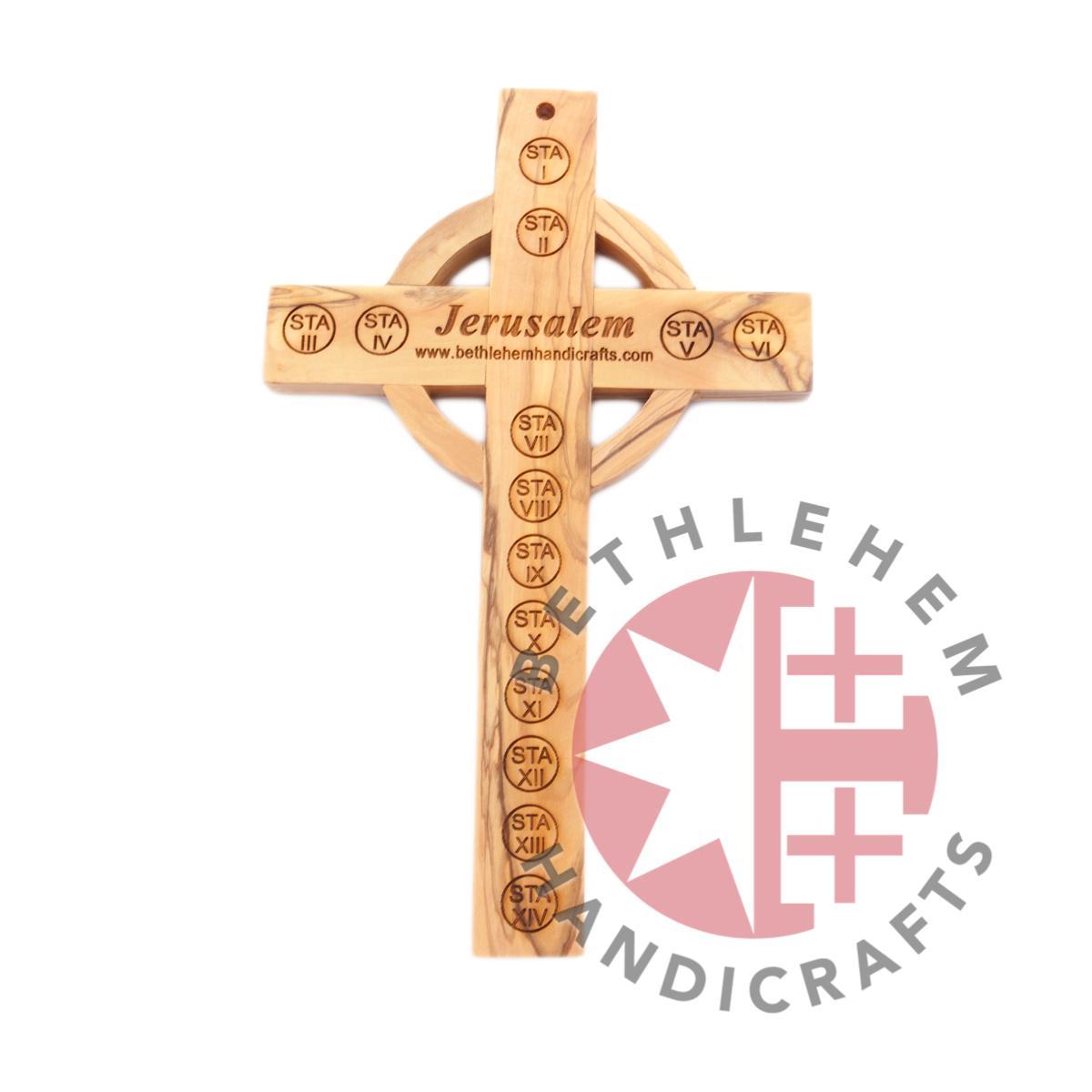 Celtic Olive Wood Cross with 14 Stations of the Cross Engraved Back Made Holy Land Christians Catholic Gift Home Jerusalem