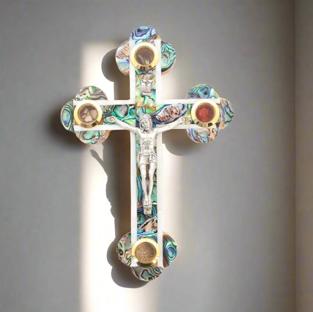 Crucifix Made of Mother of Pearl Olive Wood , Wall Hanging with Silver Corpus