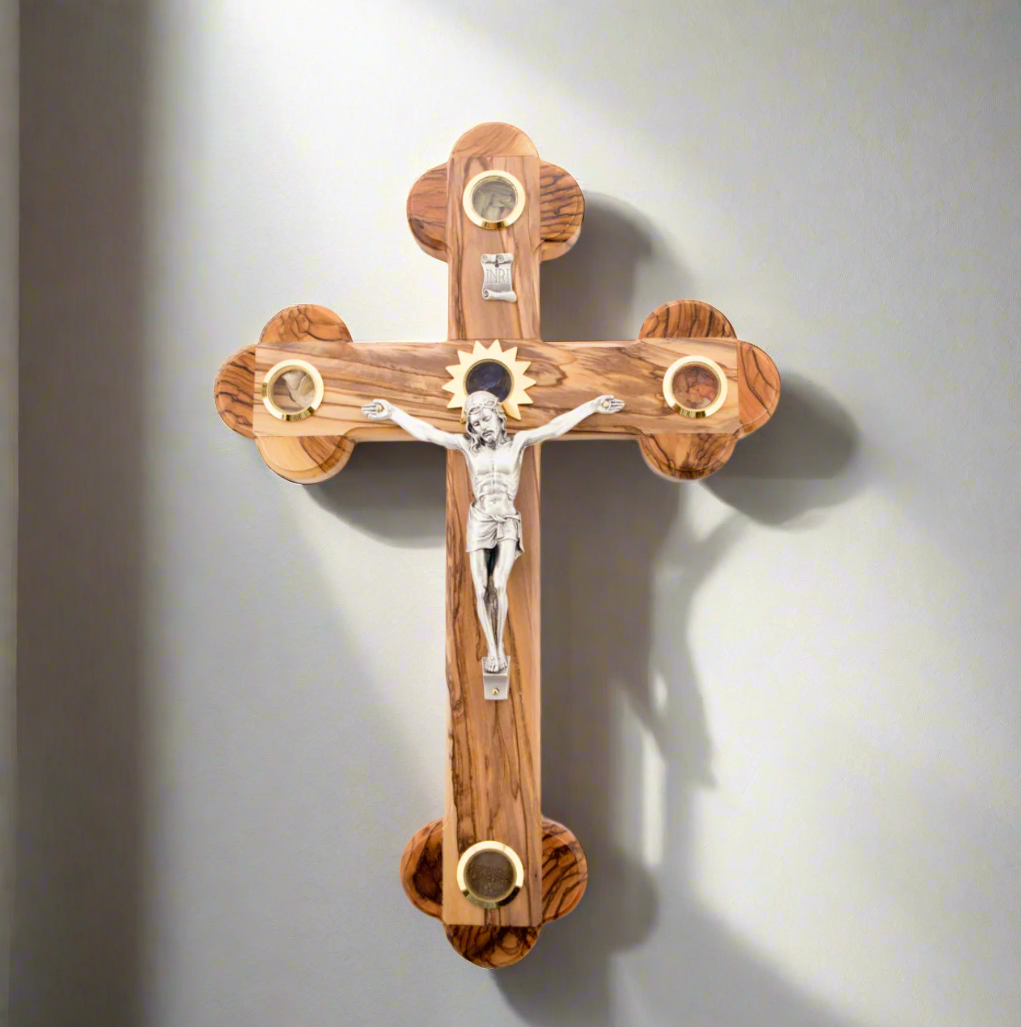 13" Crucifix with Silver Plated Corpus and 5 Holy Land Essences Holy Land Olive Wood