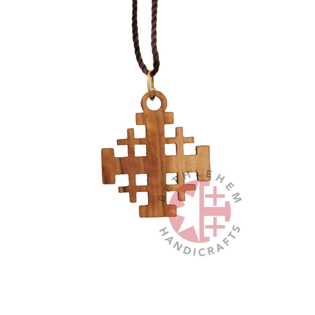Handmade Wooden Olive Jerusalem Cross & Necklace