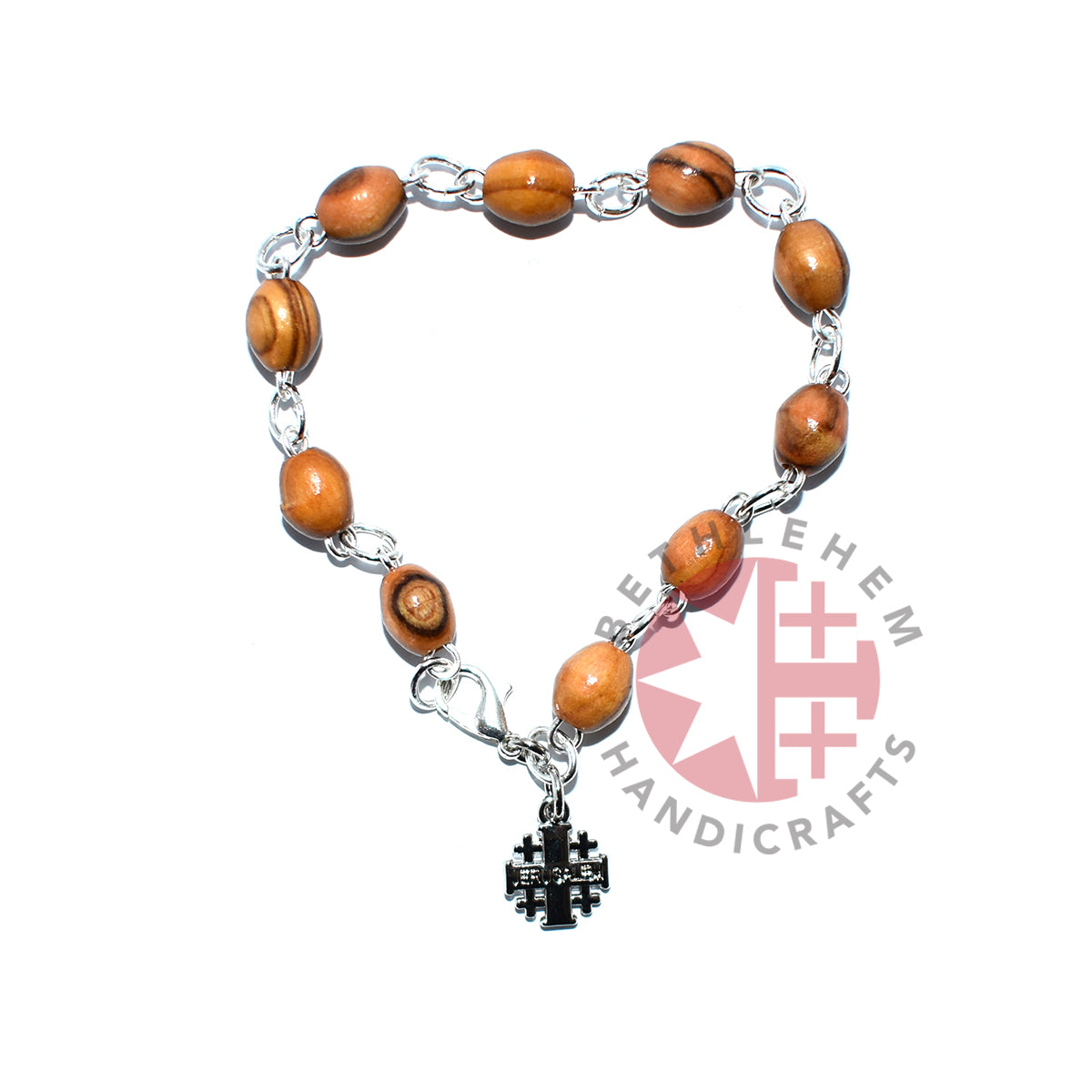 Bracelet with Jerusalem Cross Pendant, Wooden 8*6 mm Rosary