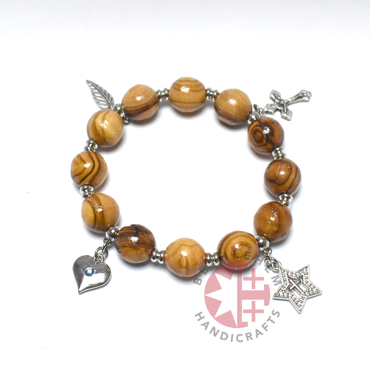 Bracelet with 4 Silver Plated Pendants Wood 12mm Round Beads