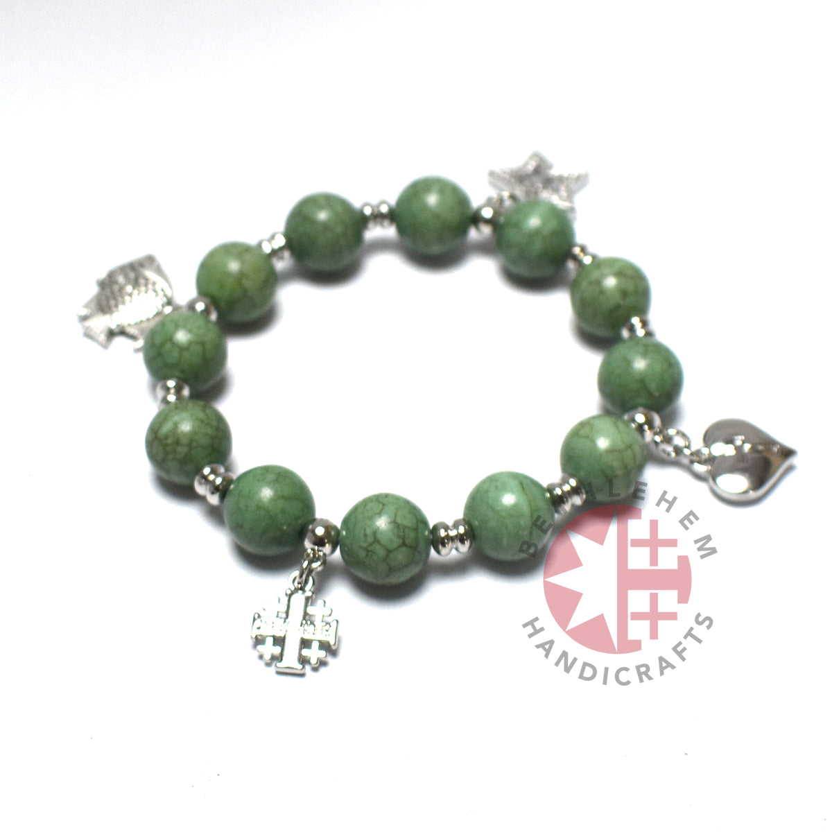 Finger Rosary, Jade Stone 10 mm Round Beads with 4 Silver Plated Pendants