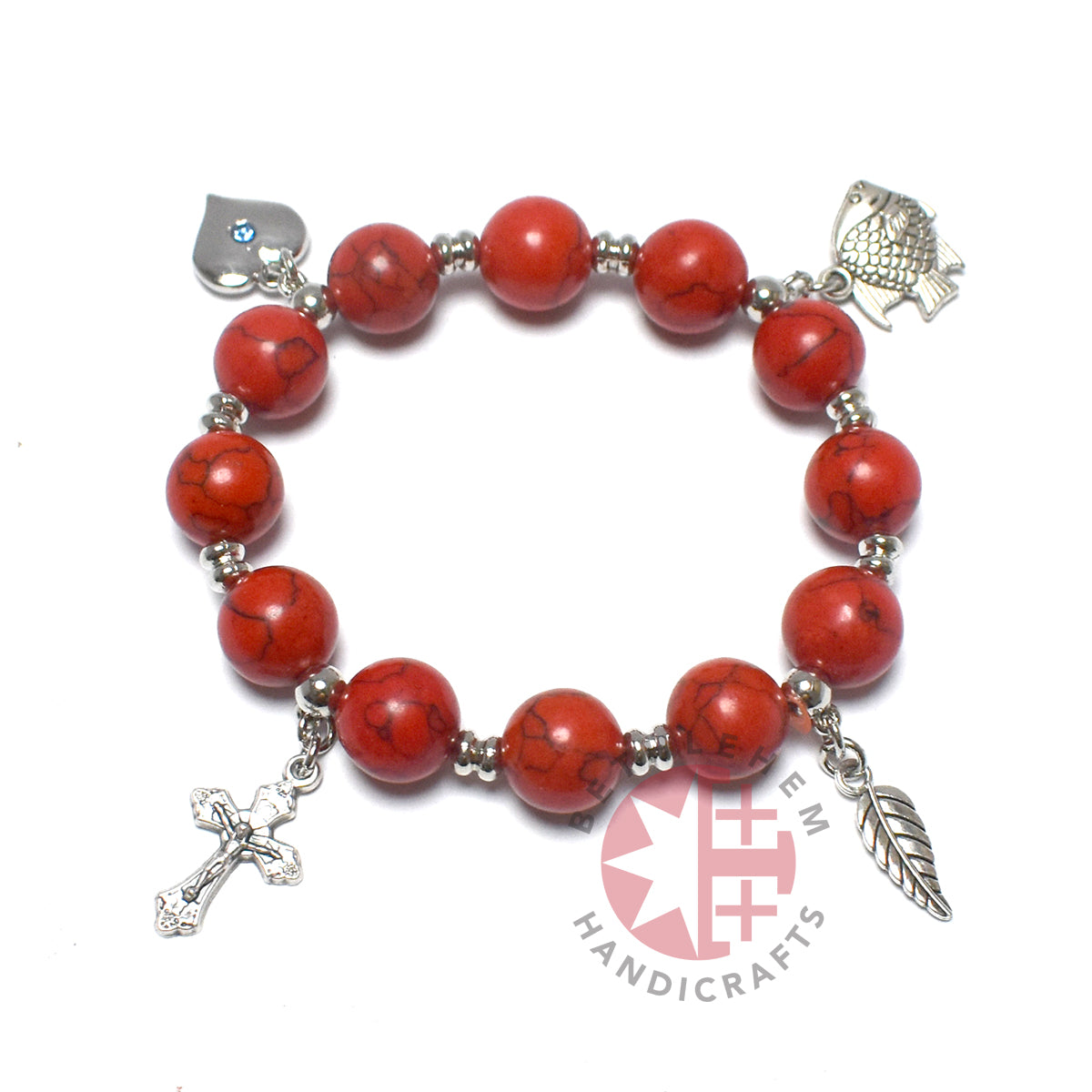 Bracelet Rosary with 4 Silver Plated Pendants, Coral Stone Beads