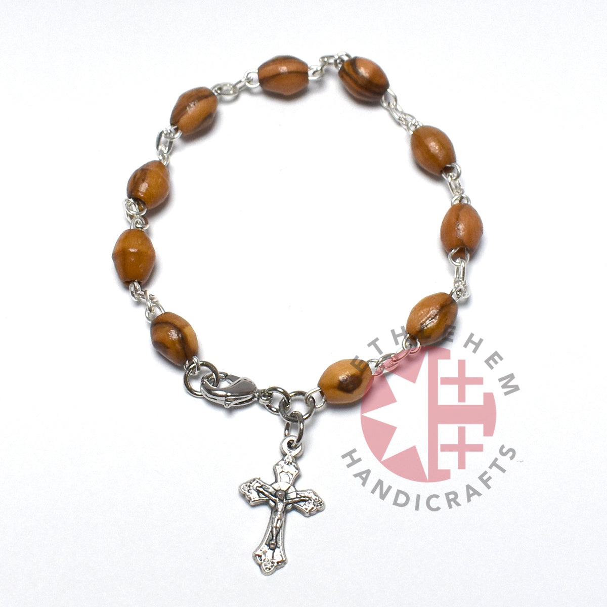 Rosary Bracelet with Budded Crucifix Pendant, Olive Wood 8*6 mm