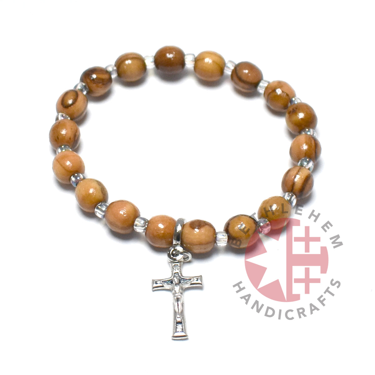 Olive Wood 6mm Beads Bracelet with Crucifix Pendant