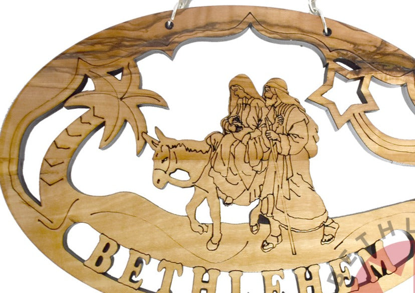 Flight into Egypt Christmas Ornament, 4" Olive Wood from Bethlehem,