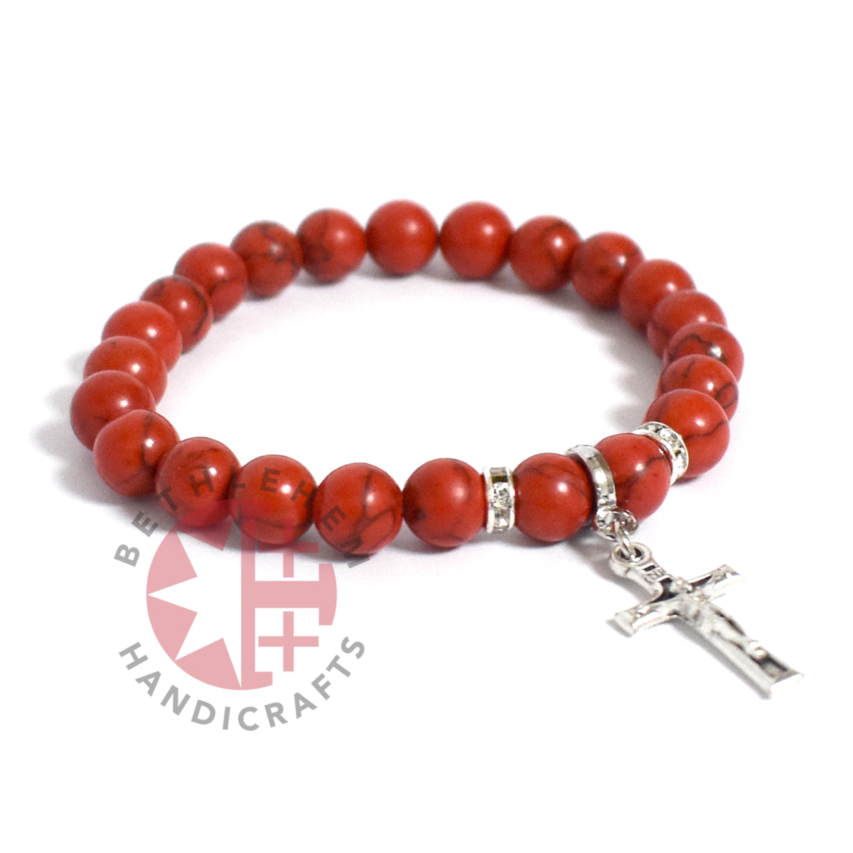 Coral Stone Bracelet Rosary, 8mm Beads with Silver Plated Cross