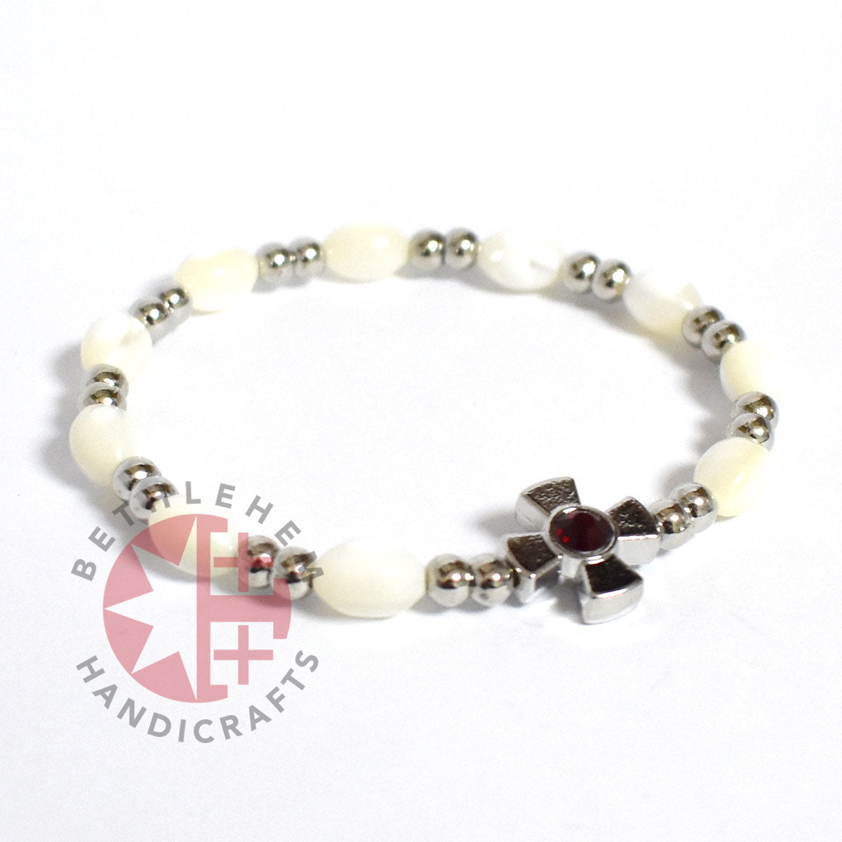 Mother of Pearl Bracelet 8 x 6mm Beads (Garnet Crystal Stone)