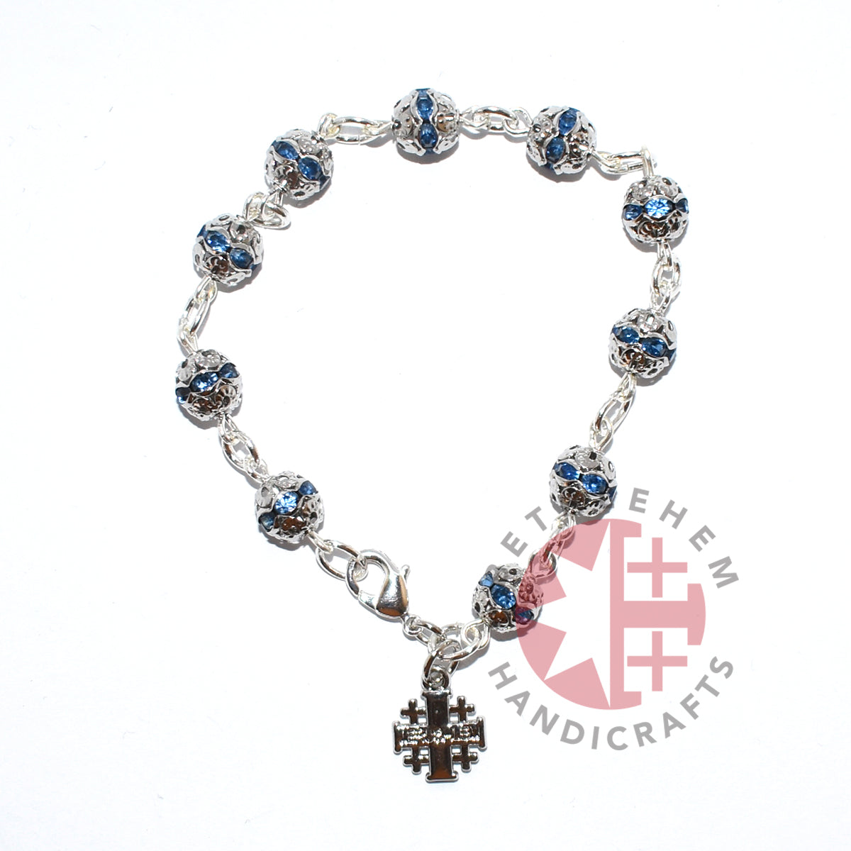 Blue Jerusalem Cross, Crystal Prayer Bracelet 6mm