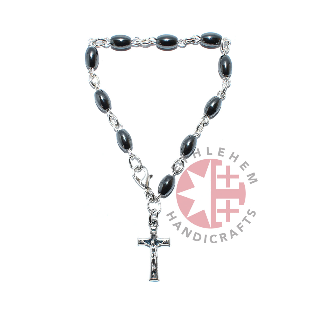 Bracelet with Latin Cross Pendant, Hematite Stone 8x 5mm