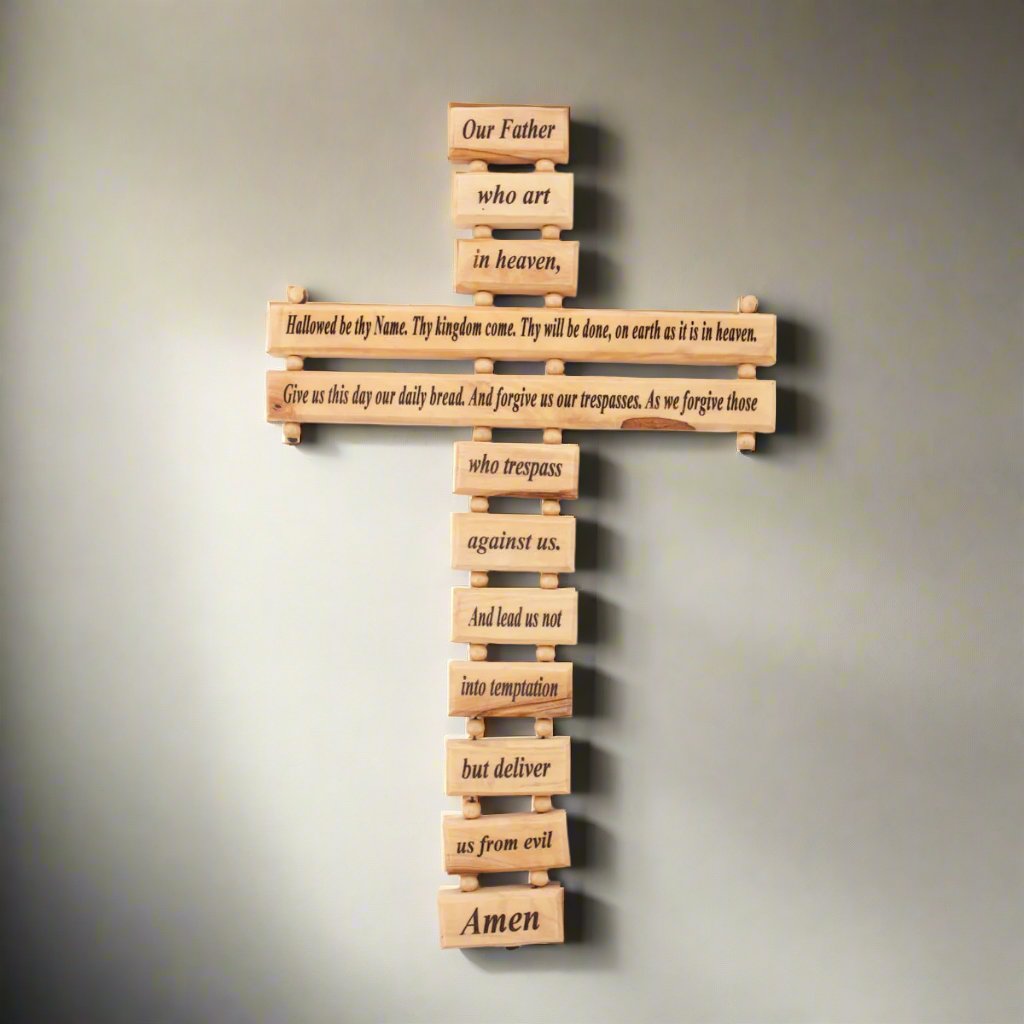 Hand Carved Olive Wood Cross with the Lord’s Prayer Our Father, who art in heaven, hallowed be thy name; thy kingdom come; thy will be done on earth as it is in heaven. Give us this day our daily bread; and forgive us our trespasses as we forgive those who trespass against us; and lead us not into temptation, but deliver us from evil. Amen.