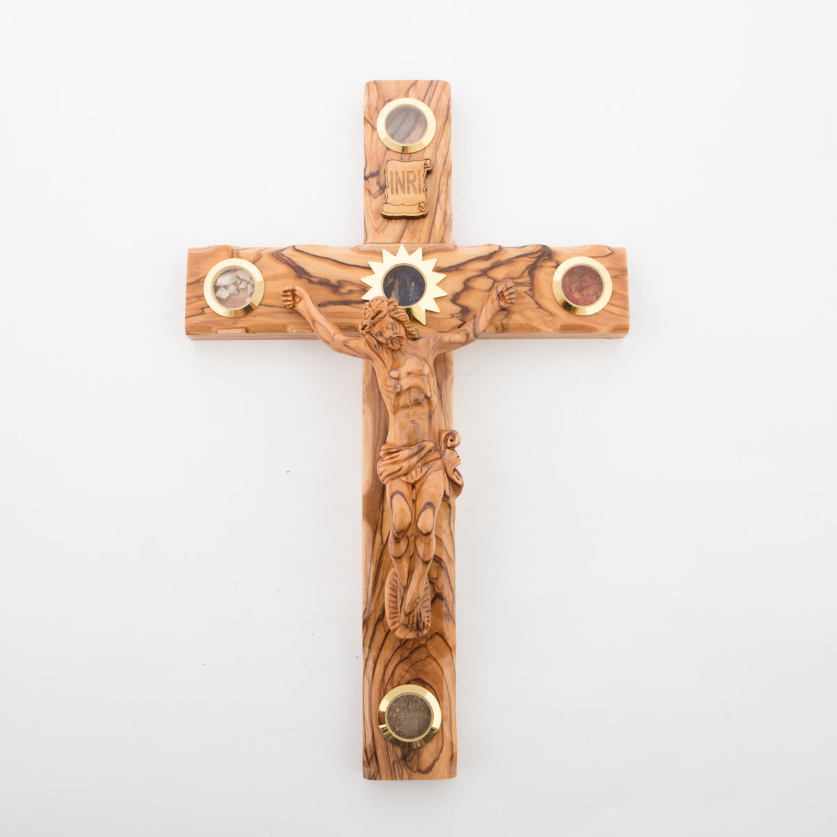 Hand Carved Olive Wood Wall Crucifix with 5 souvenirs from Holy Land 13.8 Inches Wall Cross