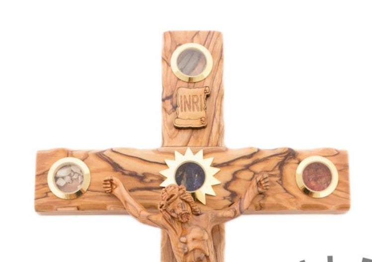 Hand Carved Olive Wood Wall Crucifix with 5 souvenirs from Holy Land 13.8 Inches Wall Cross