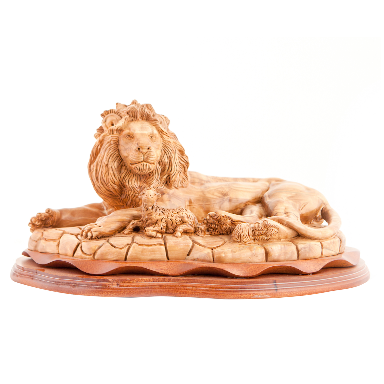 Lion with Lamb, Masterpiece Wooden Sculpture 19.7" Long