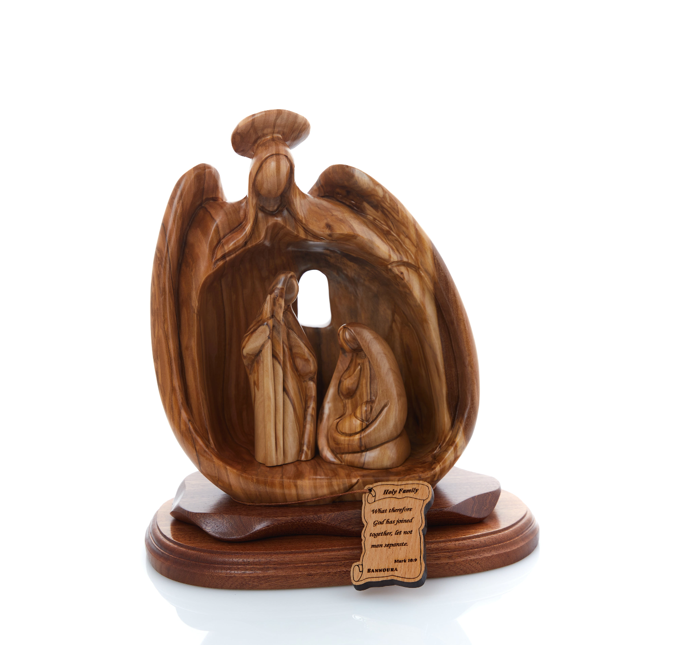 Holy Family with Angel Nativity, 10.2" Carved Abstract Olive Wood Statue from Holy Land