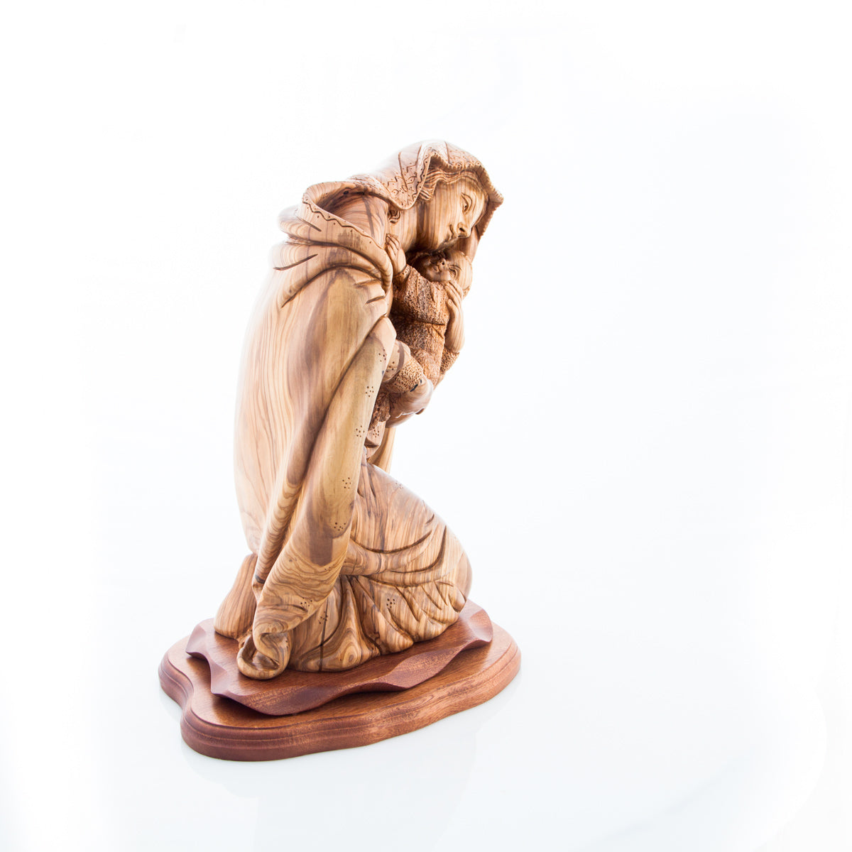 Hand Carved Olive Wood Kneeling Virgin Mary with Baby Jesus Statue - Statuettes - Bethlehem Handicrafts