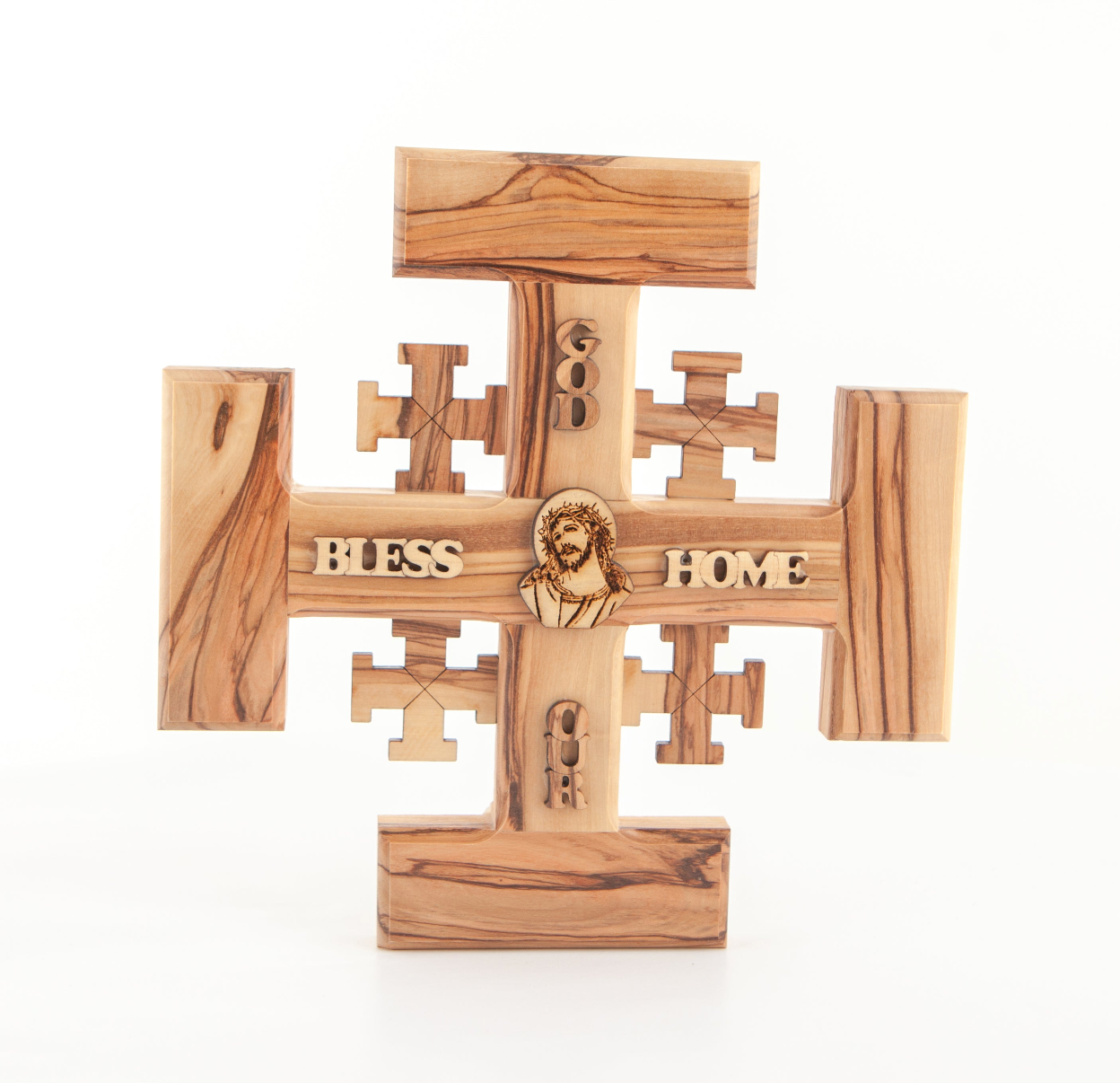 7.5" Jerusalem Wall Cross with "God Bless Our Home", Olive Wood from Holy Land