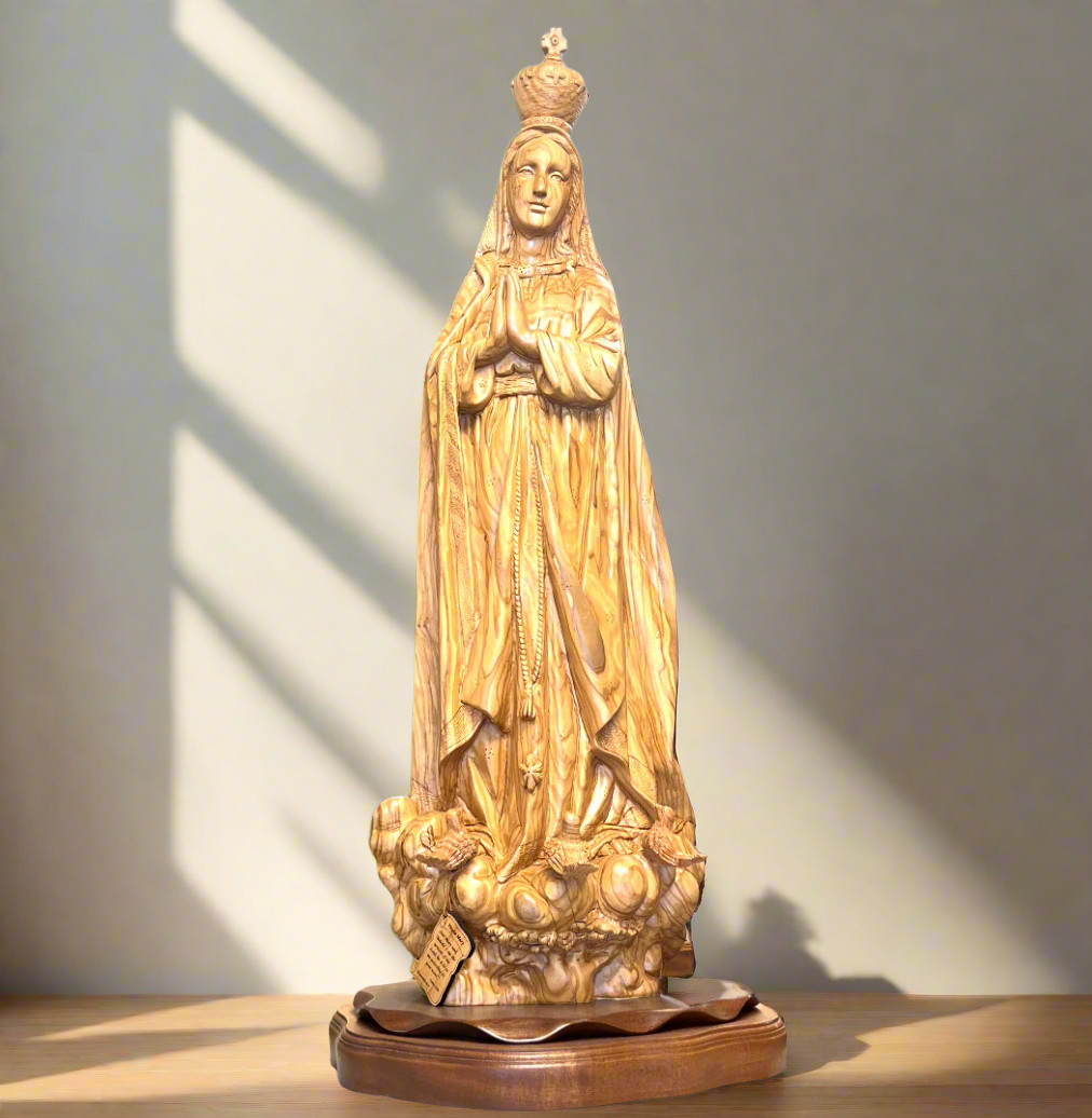 Our Lady Of Fatima Carved Olive Wood Sculpture , Large Virgin Mary Masterpiece