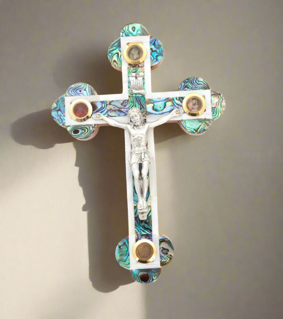 Mother of Pearl Crucifix for Wall with Silver Jesus Corpus, Olive Wood Handmade with souvenirs from the Holy Land