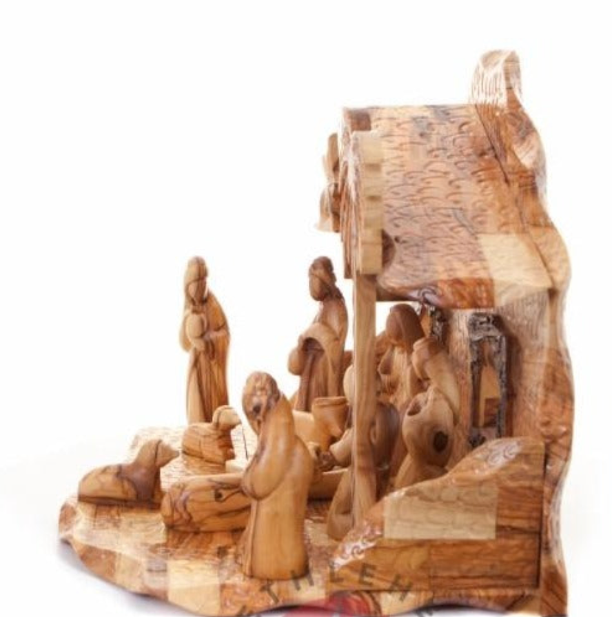 Nativity Scene Carved from Olive Wood in Holy Land Abstract 