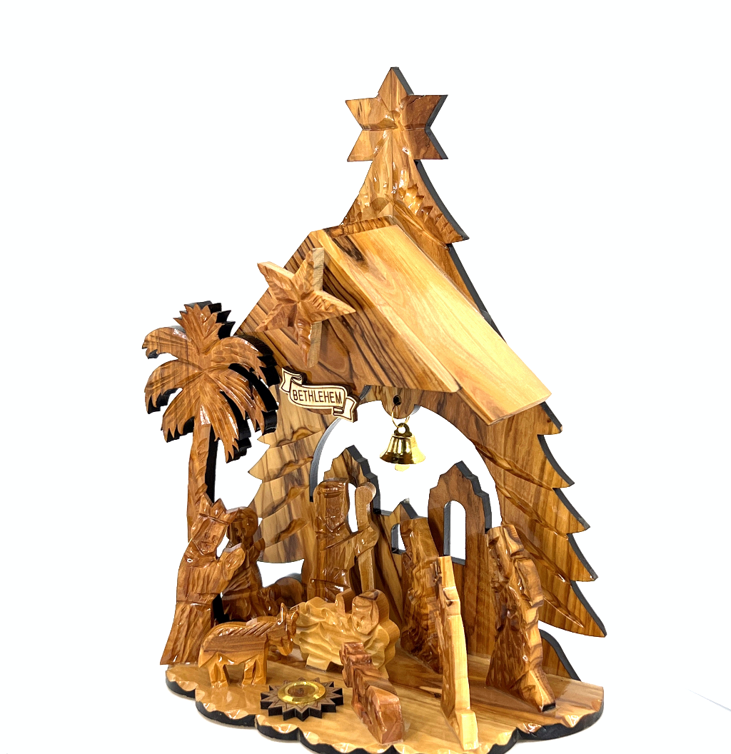 Music Playing Nativity Scene Holy Land Olive Wood  