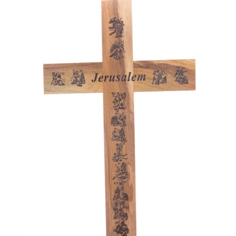 Olive Wood Crucifix with 14 Stations of the Cross Engraved Back Made Holy Land Christians Catholic Bethlehem Handmade by Christians