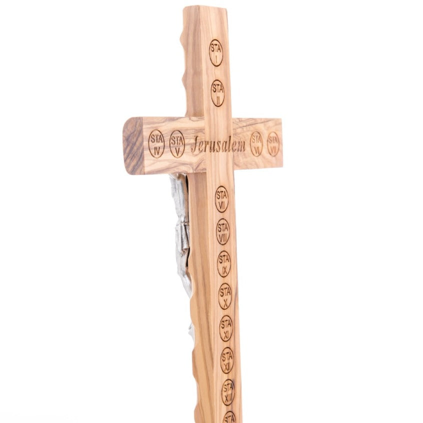 Olive Wood Crucifix with 14 Stations of the Cross Engraved Back Made Holy Land Christians Catholic Gift Home Jerusalem