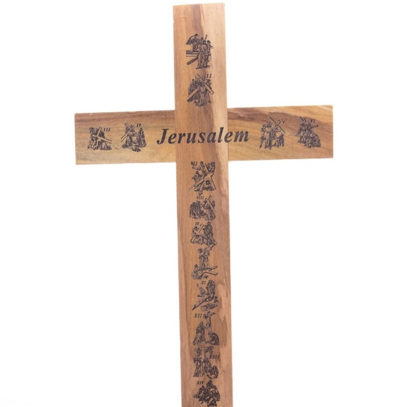 Olive Wood Crucifix with 14 Stations of the Cross Engraved Back Made Holy Land Christians Catholic Gift Home Jerusalem