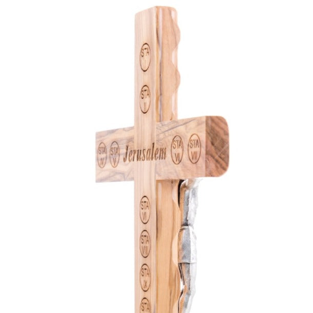 Olive Wood Crucifix with 14 Stations of the Cross Engraved Back Made Holy Land Christians Catholic Gift Home Jerusalem