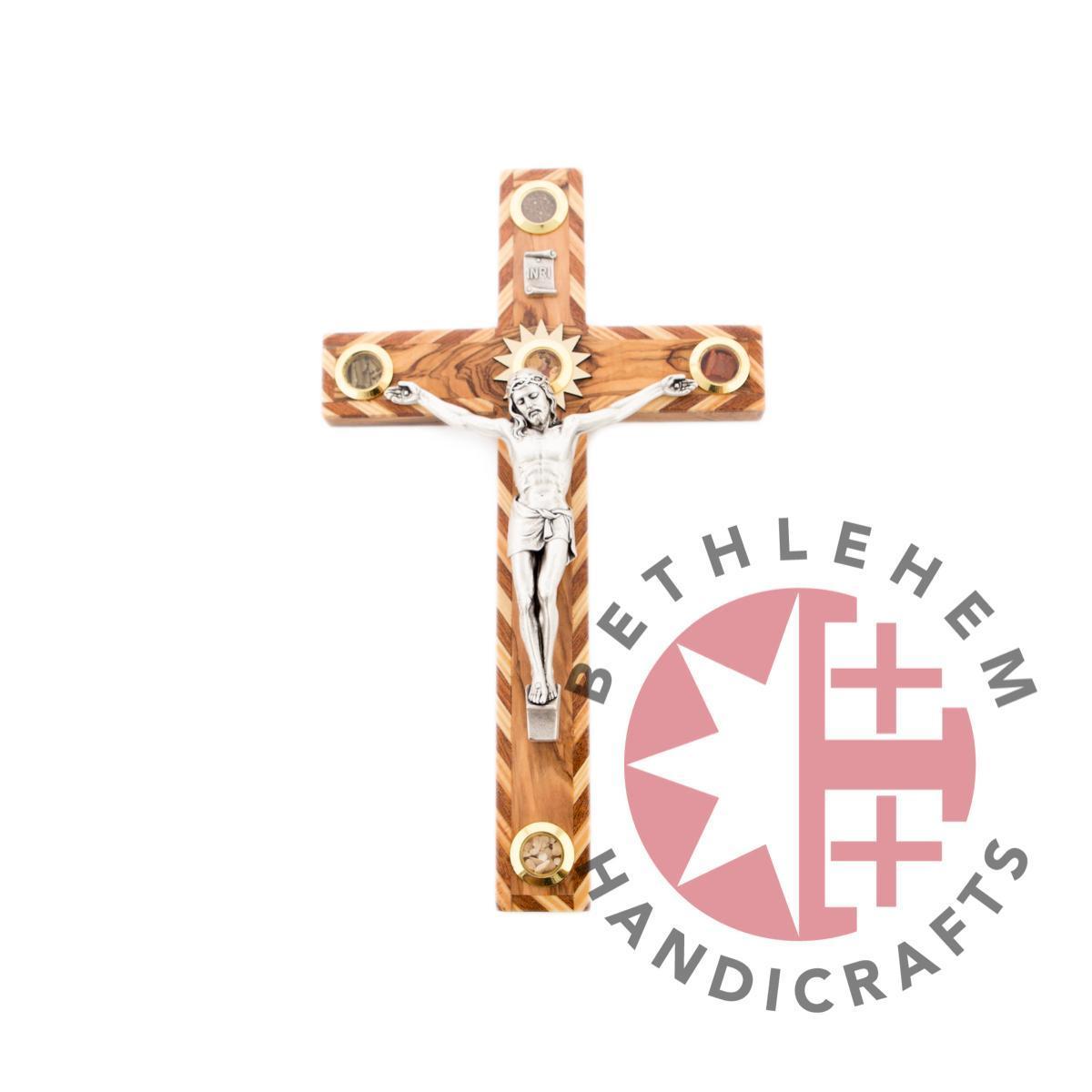 Olive Wood Crucifix with Mahogany and Clear Pine + 5 Holy Essences Capsules from Holy Land Bethlehem