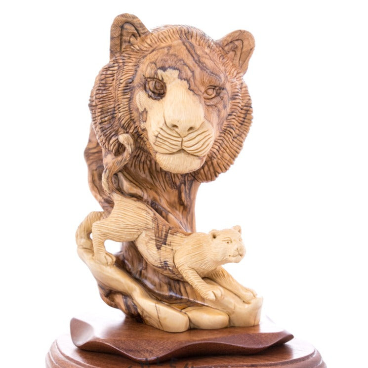 Lion and Cub Wooden Sculpture, 9.6" Hand Carved in Holy Land