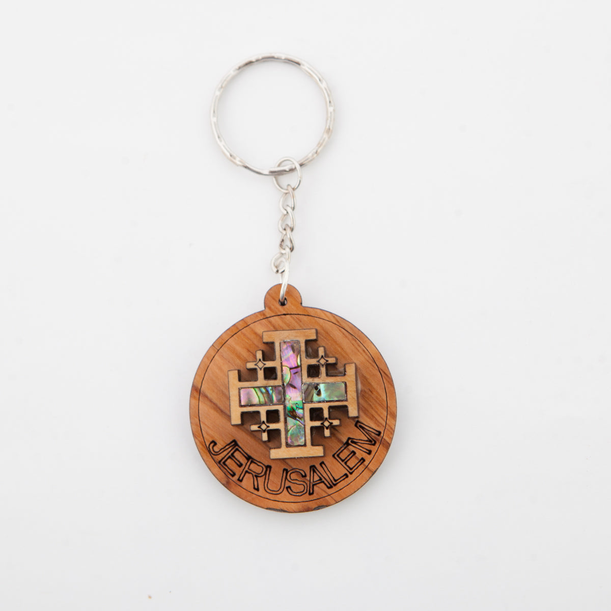 Mother of Pearl Jerusalem Cross Christian Keychain, Olive Wood