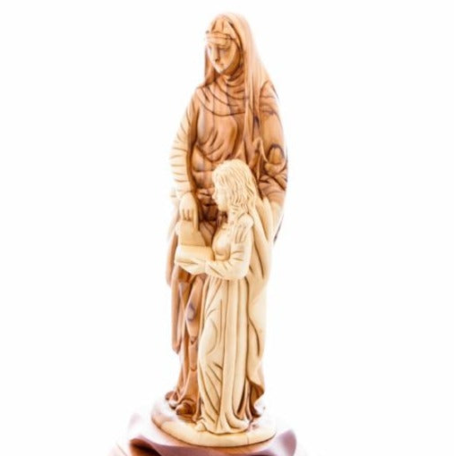 Good Saint Anne with Young Virgin Mary Hand Carved Olive Wood Statue From Holy Land