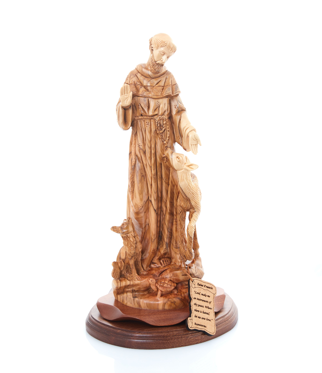 St. Frances Assisi with Deer Masterpiece, 15.4" Wood Carving from Holy Land Olive Wood