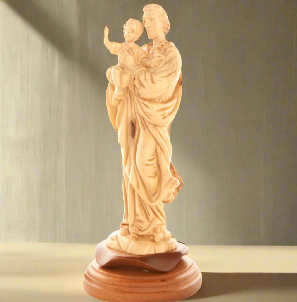 Joseph Holding The Holy Child Jesus Christ | Olive Wood Hand Carved Statue From Holy Land
