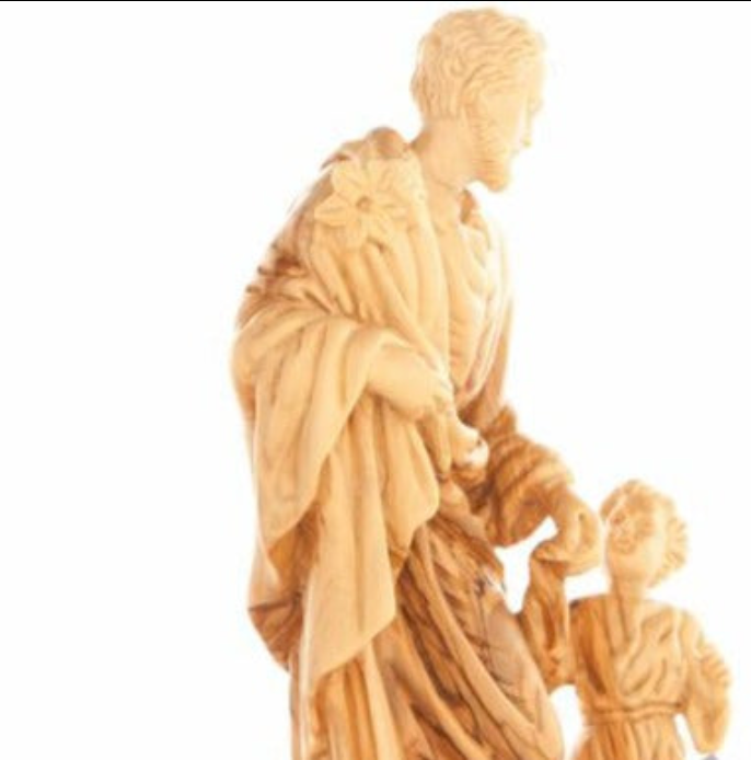 Saint Joseph with Child Jesus Christ Walking, 9.8" Carving from Holy Land Olive Wood