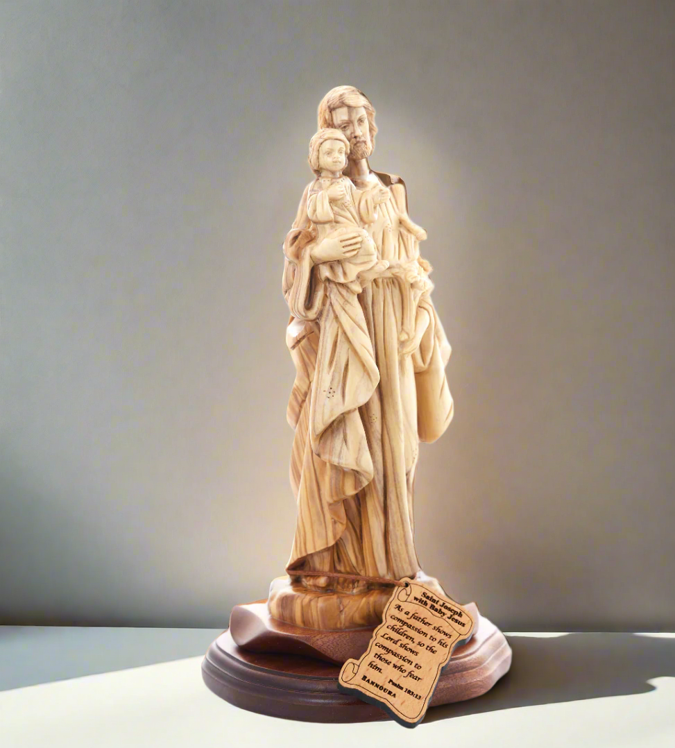 St. Joseph Carved Statue from Holy Land Olive Wood, 11"